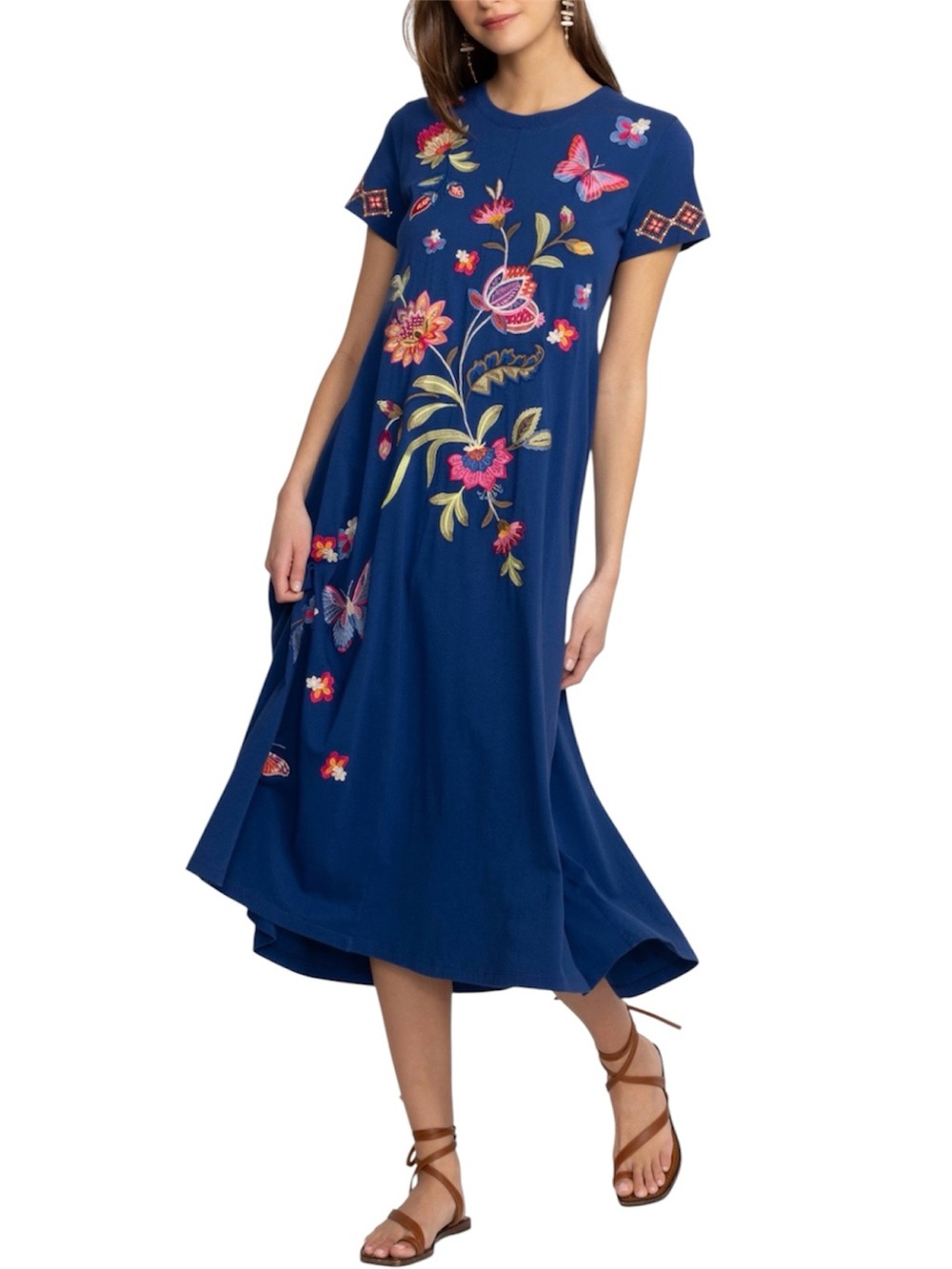 Johnny Was Gracey Floral Butterfly Embroidered Crew Neck Blue Swing Dress XL